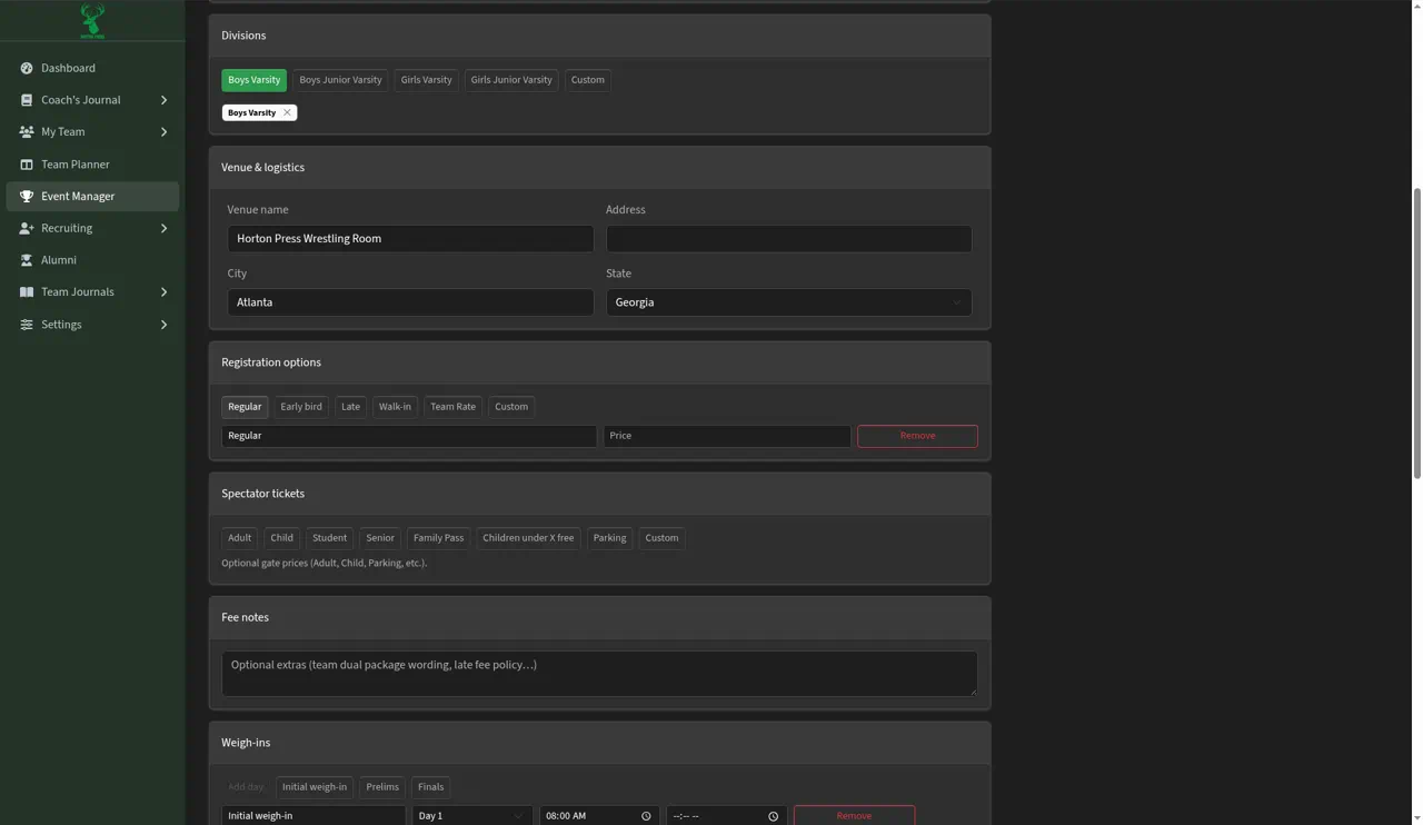 Venue, registration options, spectator tickets, and fee notes