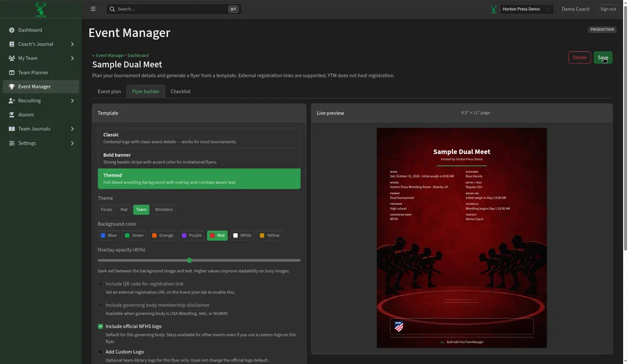 Themed template with the Team theme and Red background
