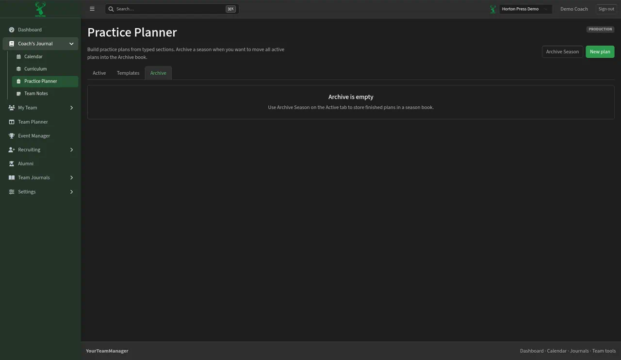 Practice Planner Archive tab