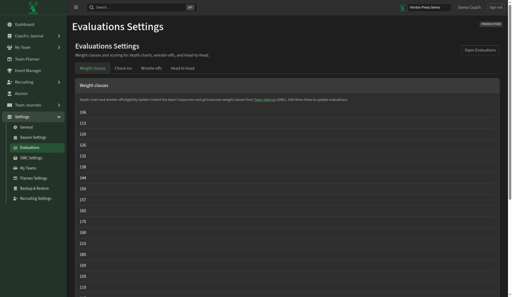 Evaluations settings